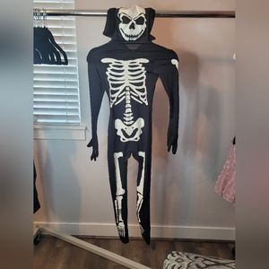 Skeleton body suit with attached mask with velcro mask and zipper on back